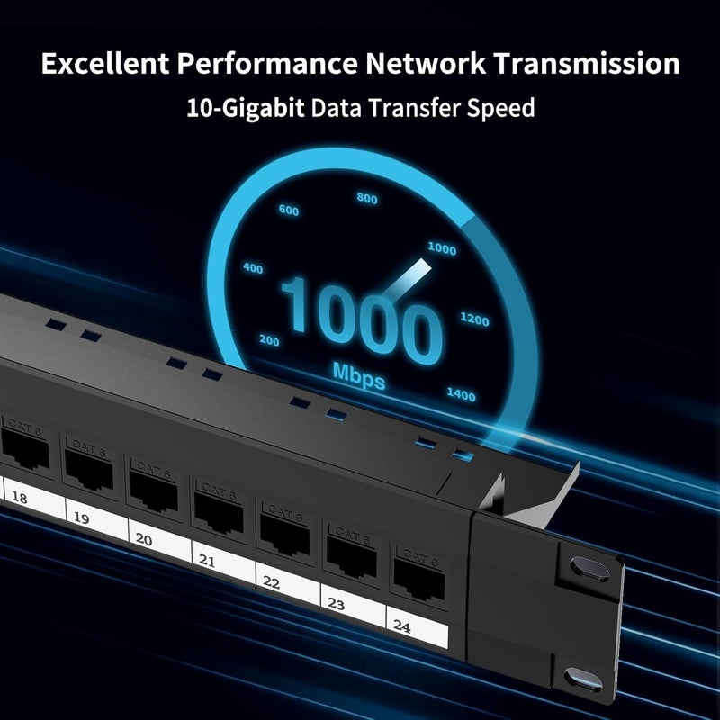 CableGeeker لوحة توصيل Cat6 24 منفذ مع كاستان داخلي، دعم Ethernet 10G، لوحة توصيل شبكة UTP 19 بوصة مع شريط خلفي قابل للإزالة، متوافقة مع Cat6 و Cat5e و Cat5 لتوصيلات الرف - Image 3